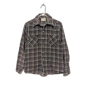 Vintage Sail For Sears Cotton Flannel Shirt S/M Blue Brown Plaid Wing Collar